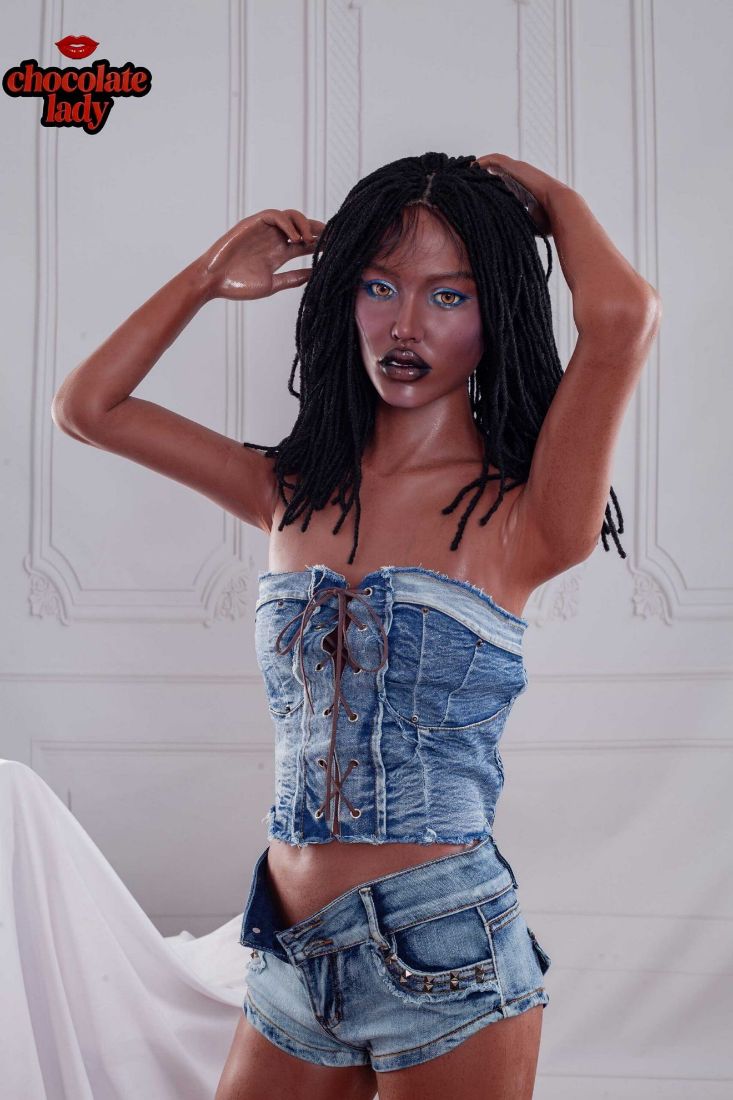 Picture of 150cm (4.92ft) A Cup Black Skin Realistic Silicone Sex Doll - Roxy